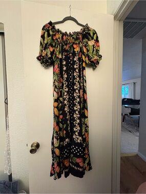 Farm Rio Black Floral Off-Shoulder Midi Dress